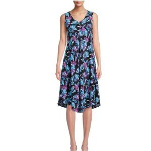 The Pioneer Woman Womens XL Sleeveless Floral Rayon Dress Black Purple Blue V-Ne